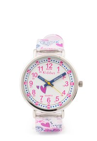 Montre à quartz avec un cadran blanc, des chiffres roses et des accents bleus. Elle possède un bracelet motif rose et blanc avec des cœurs et des gribouillis.