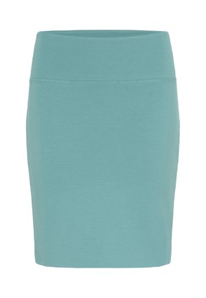 En figursydd knälång kjol i en ljus teal färg, tillverkad av mjuk, elastisk tyg med en slät textur och ett elastiskt midjeband.