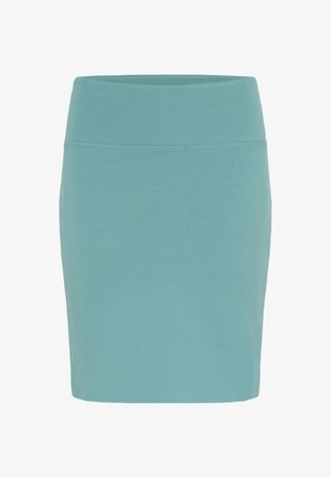 En figursydd knälång kjol i en ljus teal färg, tillverkad av mjuk, elastisk tyg med en slät textur och ett elastiskt midjeband.