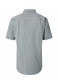 Kurzarmhemd in einem hellblauen und grünen Karomuster, mit einem kragenförmigen Ausschnitt und einem abgerundeten Saum. Hergestellt aus atmungsaktivem Material.