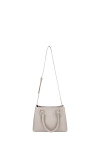 Borsa a mano in pelle beige con due manici corti e una tracolla lunga staccabile. Presenta una forma strutturata e dettagli hardware metallici sottili.