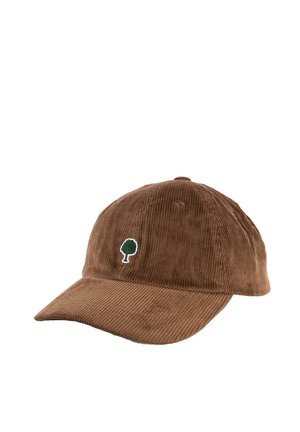 Gorra de béisbol marrón de pana con un pequeño emblema verde de árbol bordado en el centro delantero.
