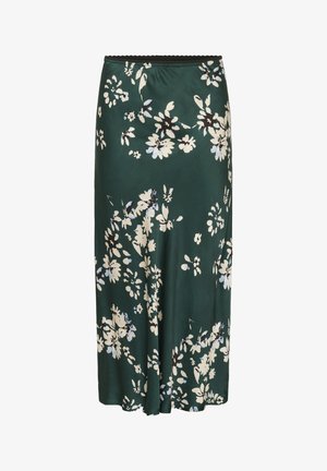 Blomstret satinunderdel med grøn bund og hvide samt lyseblå blomster mønstre, elastisk talje og en glat, løs pasform.