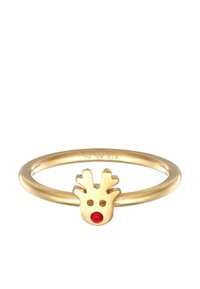 Ring i guldton med design av ett renansikte som har två svarta prickar som ögon och en röd ädelsten som näsa. Slät, rund band.