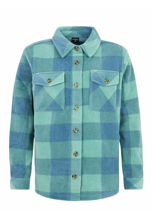 Flanellhemd in Türkis und blauem Karomuster, mit Knopfleiste, spitzem Kragen und zwei Brusttaschen mit Knopfverschluss.