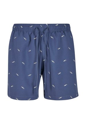 Jūriniai plaukimo šortai su tampriomis juostomis, pagaminti iš lengvos medžiagos, su mažų baltų haių raštu visame paviršiuje.