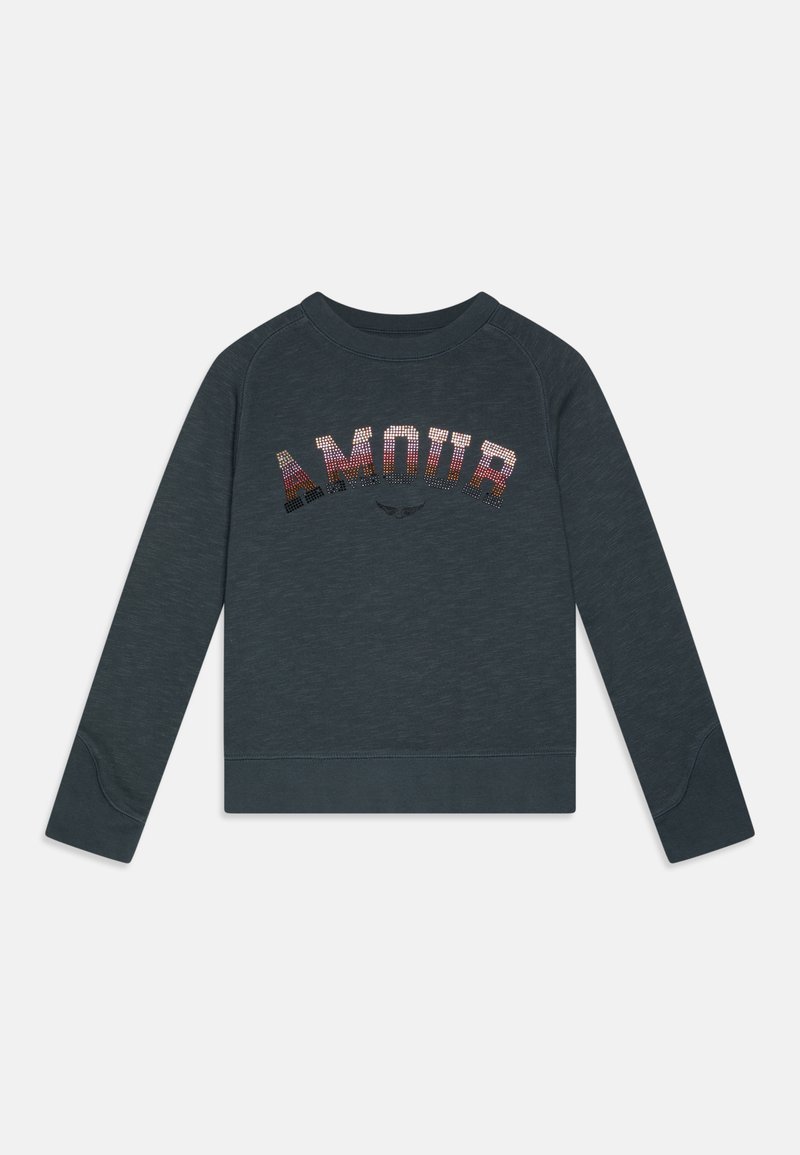 Donkergrijze sweatshirt met lange mouwen, met een textuurdesign "AMOUR" op de borst in meerkleurige rhinestones.