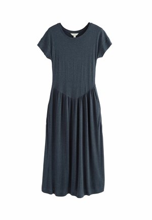 Kleid in Marineblau mit kurzen Ärmeln, rundem Halsausschnitt, tailliertem Oberteil und gerafftem Rock. Hergestellt aus weichem, strukturiertem Stoff.