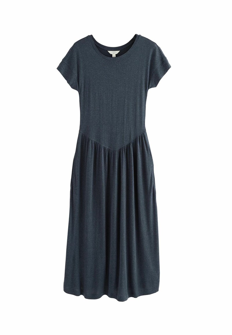 Kleid in Marineblau mit kurzen Ärmeln, rundem Halsausschnitt, tailliertem Oberteil und gerafftem Rock. Hergestellt aus weichem, strukturiertem Stoff.