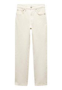 Jeans de mezclilla color crema con corte recto, que cuentan con cinco bolsillos, remaches metálicos y un cierre de botón en la cintura.