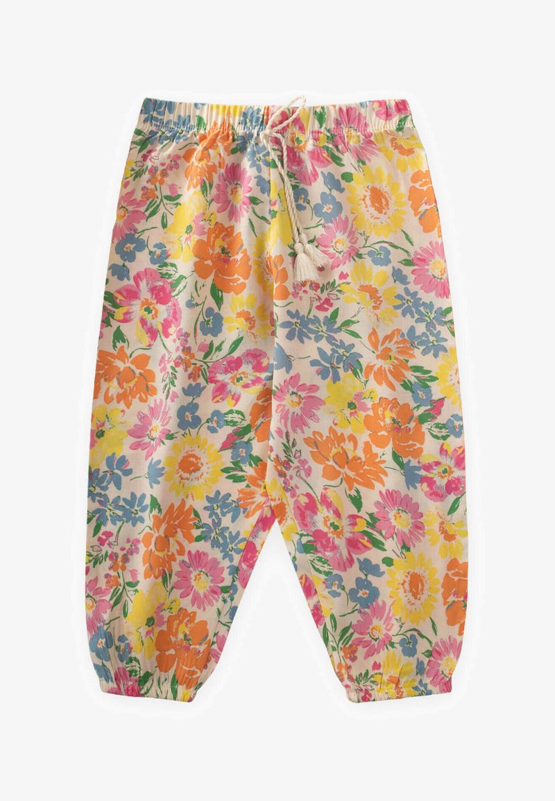 Blumenhose aus leichtem Stoff mit einer Vielzahl von bunten Blumen, einem elastischen Bund mit Kordelzug und gerafften Knöchelbüncen.