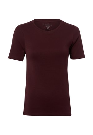Dunkelburgunderfarbenes kurzärmeliges Baumwoll-T-Shirt mit Rundhalsausschnitt und regulärer Passform, mit "brookshire" auf dem inneren Nackenetikett gebrandet.