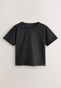 Black short-sleeve t-shirt made of cotton. Features a round neck, slightly rolled sleeves, and a relaxed fit. Smooth texture, minimal design.