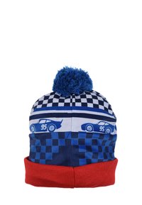 Blue and white knit hat with checkered pattern, featuring blue cars and the number "95," topped with a blue pompom and red cuff.