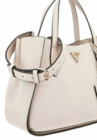 Borsa a tracolla in pelle rosa chiaro con motivo logo in rilievo, bordi neri a contrasto, doppio manico superiore e una tracolla staccabile e regolabile.