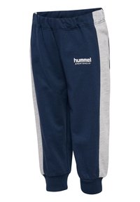 Marinblå mjukisbyxor med grå sidopanaler, elastisk midja och mudd längst ner. "Hummel Sportswear"-logotypen i vitt framtill. Mjuk tygkvalitet.