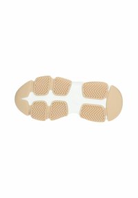 Suola della scarpa in materiale gommoso beige texturizzato, con motivo a spina di pesce, una soletta bianca e design della punta arrotondata.