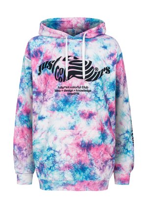 Farverig tie-dye hættetrøje med en blanding af pink, blå og hvide nuancer, med et sort logo på fronten og en forlommer.