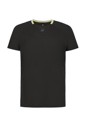 Schwarzes Sport-T-Shirt mit kurzen Ärmeln, beigem Rundhalsausschnitt und kleinem grauem "R"-Logo, das zentriert unterhalb des Halsausschnitts angebracht ist.