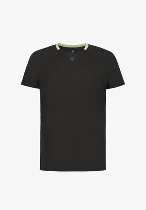 Schwarzes Sport-T-Shirt mit kurzen Ärmeln, beigem Rundhalsausschnitt und kleinem grauem "R"-Logo, das zentriert unterhalb des Halsausschnitts angebracht ist.