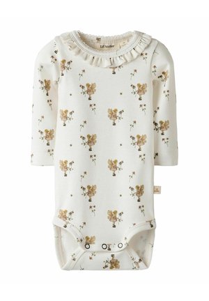 Langärmliger Baby-Body aus cremefarbenem Baumwollstoff, mit goldenen und braunen Blumenmustern sowie Feen-Illustrationen, Rüschenkragen und Druckknopfverschluss.