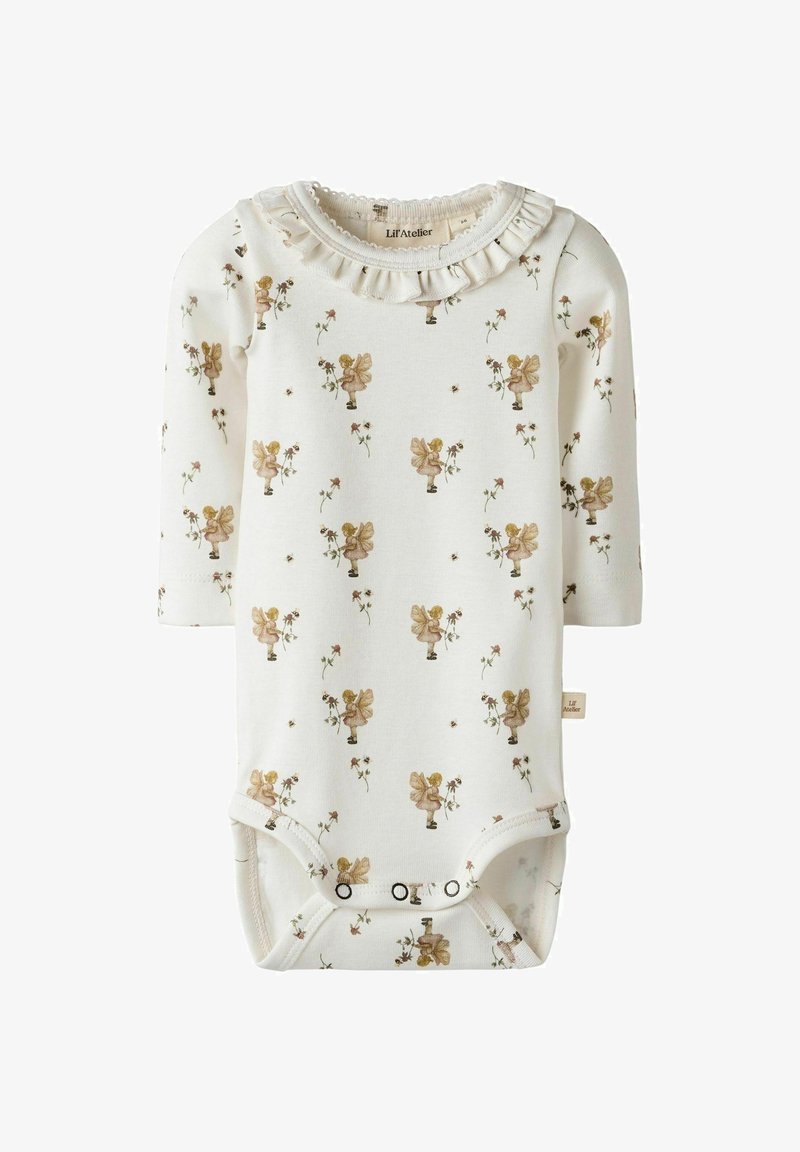 Ilgųjų rankovių kūdikių bodis iš kreminės medvilnės, su auksinėmis ir rudos spalvos gėlių raštais bei fėjų iliustracijomis, raukšlėta apykakle ir mygtukų uždarymu.