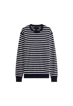 Marineblå og hvid stribet sweater med lange ærmer, rund hals og ribbede manchetter. Har et mærke på brystet.