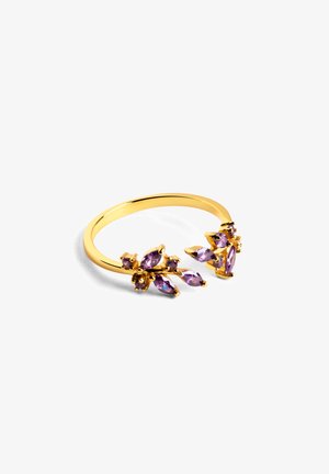 Bague ouverte en or ornée de grappes de pierres précieuses violettes marquise et rondes disposées en motifs floraux à chaque extrémité.