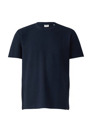 Marineblaues Kurzarm-T-Shirt mit Rundhalsausschnitt aus subtil strukturiertem Stoff und kleinem Markenetikett am Kragen.