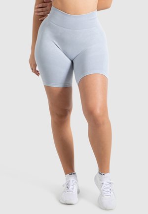 Hoge taille lichtblauwe fiets shorts gemaakt van zachte stof, met een gestructureerd patroon langs de zijkanten. Standaard lengte met een aansluitend ontwerp.