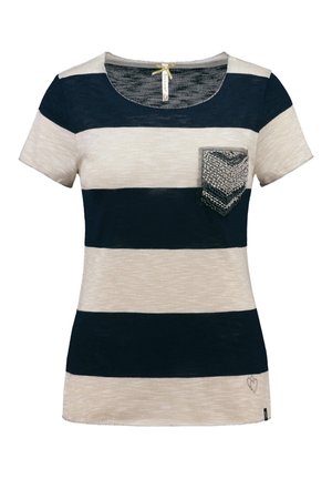 Chemisier femme à manches courtes avec larges rayures horizontales noires et beiges, encolure ronde et petite poche avant avec détails en sequins.
