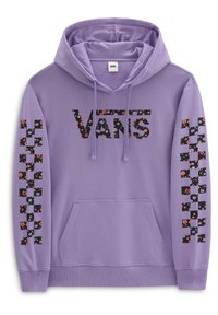 Felpa viola realizzata in cotone misto con stampa floreale sul logo e sulle maniche. Presenta una tasca a marsupio e un cappuccio regolabile con cordino.