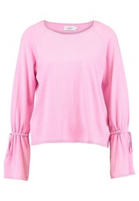 Top a maniche lunghe rosa con texture a maglia, caratterizzato da un ampio scollo e polsini arricciati. Il design è rilassato e corto all'orlo.