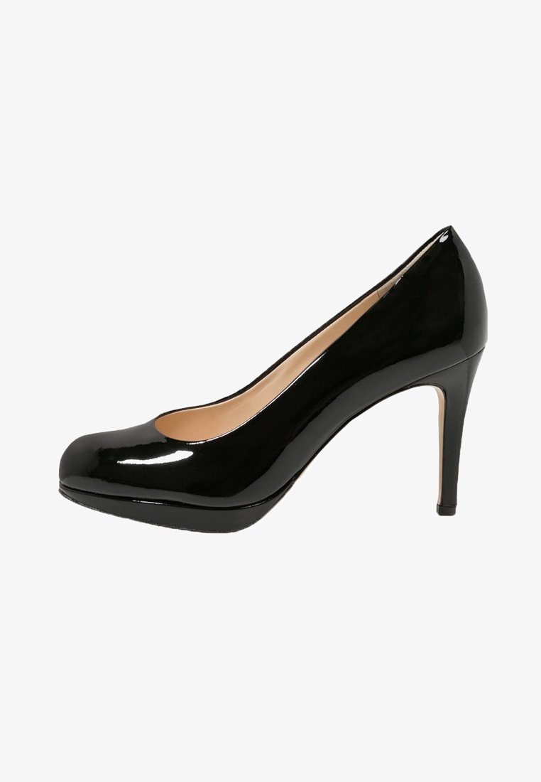 Escarpin en cuir verni noir à talon haut avec un bout arrondi et un talon stiletto fin, présenté de profil sur fond blanc.
