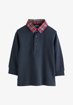Námornícka modrá polokošeľa s dlhým rukávom, dvojgombíkovým zapínaním a golierom s červeno-zelenou tartanovou kockou.