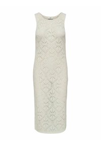 Abito midi in maglia color avorio, caratterizzato da un motivo geometrico con forme a diamante e accenti floreali. Design senza maniche e silhouette dritta.
