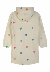 Abito felpa crema con un motivo di cuori sparsi in vari colori (verde, rosa, arancione, viola, blu) e maniche con polsini elasticizzati.