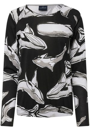 T-Shirt noir à manches longues avec un motif de baleines blanches et grises. Fabriqué en tissu doux, avec un col rond et une coupe décontractée.