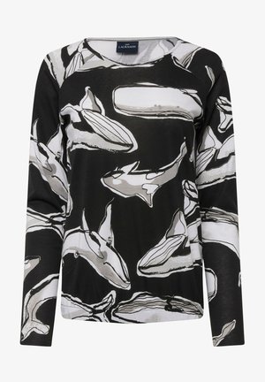 Maglietta nera a maniche lunghe con motivo di balene bianche e grigie. Realizzata in tessuto morbido, ha un collo rotondo e una vestibilità comoda.