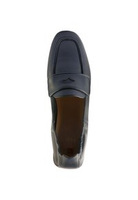 Navy leather slip-on shoe with a textured finish, padded collar, and stitched detailing on the upper, featuring a smooth interior.