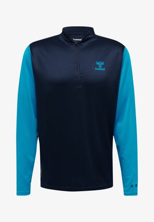 Langærmet sports skjorte med lynlås krave, mørk navy krop og lyse turkise ærmer med en struktureret finish og logo detaljer.