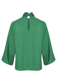 Blusa verde a maniche lunghe con apertura a chiave sul retro, morbida al tatto e dal fit rilassato. Presenta maniche ampie e un colletto arricciato.