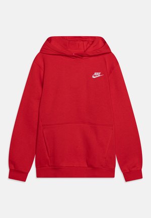 Červená mikina s kapucňou vyrobená z bavlneného zmesového materiálu. Obsahuje klokanie vrecko, rebrované manžety, kapucňu so šnúrkou a biele logo Nike na hrudi.
