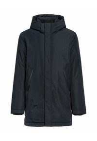 Granatowa parka z zamkiem błyskawicznym i zapięciem na guzik, regulowanym kapturem oraz dwoma bocznymi kieszeniami. Gładka tekstura z minimalistycznym wzornictwem.