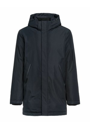 Granatowa parka z zamkiem błyskawicznym i zapięciem na guzik, regulowanym kapturem oraz dwoma bocznymi kieszeniami. Gładka tekstura z minimalistycznym wzornictwem.