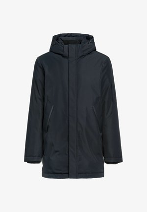 Granatowa parka z zamkiem błyskawicznym i zapięciem na guzik, regulowanym kapturem oraz dwoma bocznymi kieszeniami. Gładka tekstura z minimalistycznym wzornictwem.