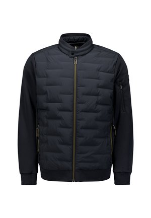Dunkelblau gepolsterte Jacke mit hohem Kragen, Reißverschluss vorne, Seitentaschen und Rippbündchen. Besitzt eine glatte Stoffmischung mit Isolierung.