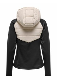 Črna jakna z dolgimi rokavi, s kremasto puhasto kapuco in zadnjim delom, z narejenim vzorcem in gladkim tekstilom.