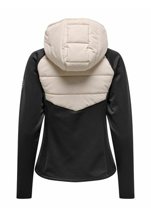 Schwarze Jacke mit langen Ärmeln, cremefarbenem, wattiertem Kapuzen- und Rückenteil, mit einem Steppmuster und glattem Stoff.