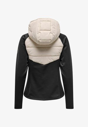 Svart långärmad jacka med en krämfärgad puffig huva och bakstycke, med en quiltad design och slät tyg.